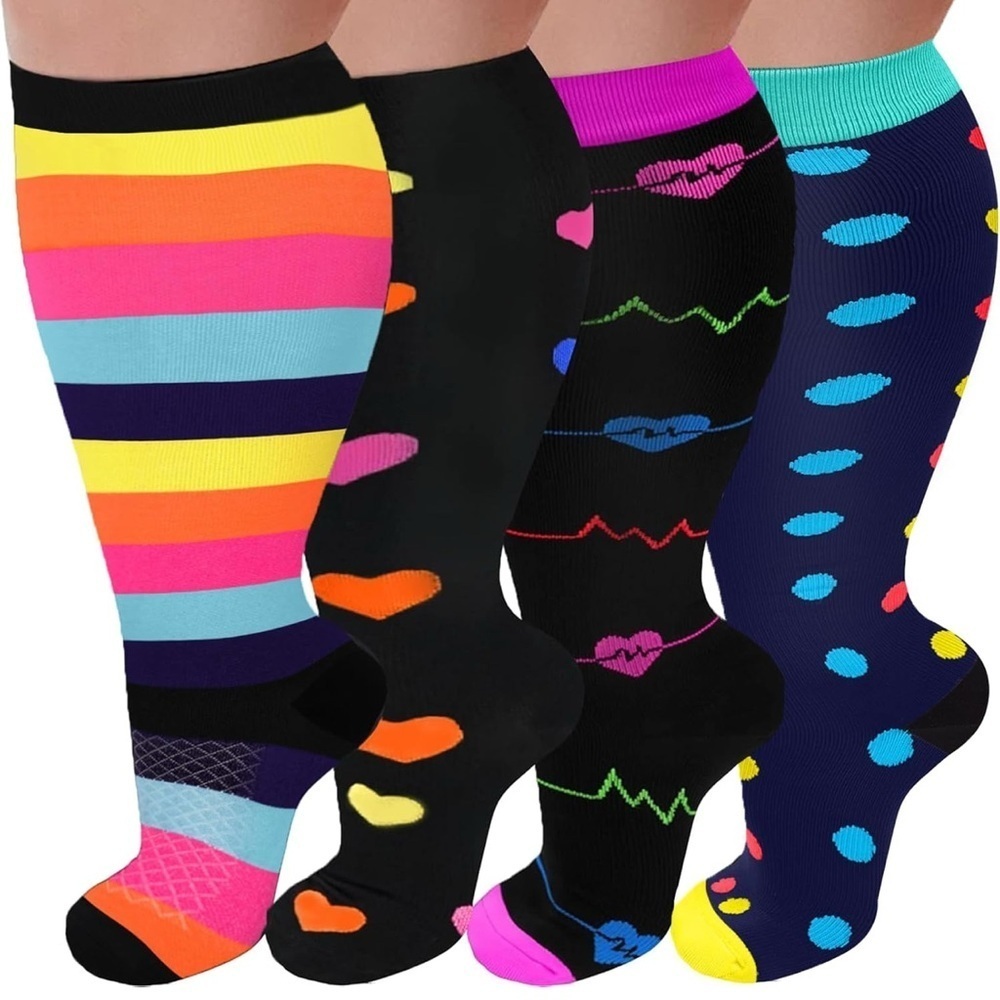PLUS Size, Fun, Abstract Compression Socks, Colorful, Neon, Travel (1 Pair)